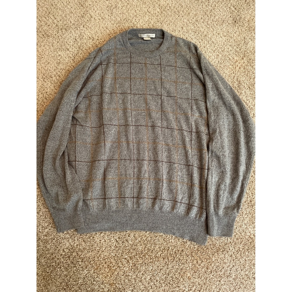 Geoffrey Beene Mens Sweater XL Gray Windowpane Plaid Crew Neck Long Sleeve Flaw